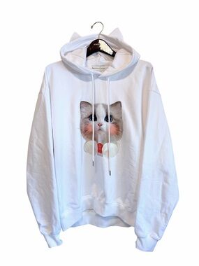 HUR x Etre au Sommet cat ears graphic oversized hoodie, white NWT one size